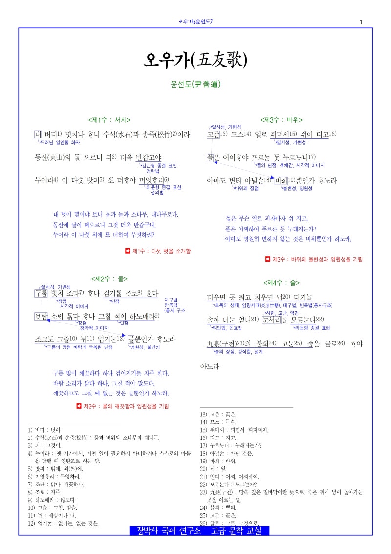 댓글 : 오우가(윤선도) 분석+해설+문제
