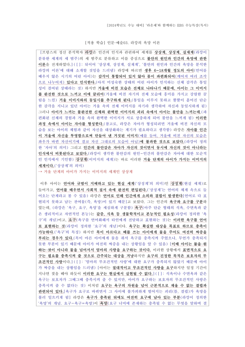[2024학년도 EBS 수능특강 독서적용 학습] 인문·예술03. '라캉의 욕망 이론'