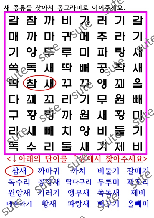 인지활동프로그램 학습지 - 단어찾기(조류)