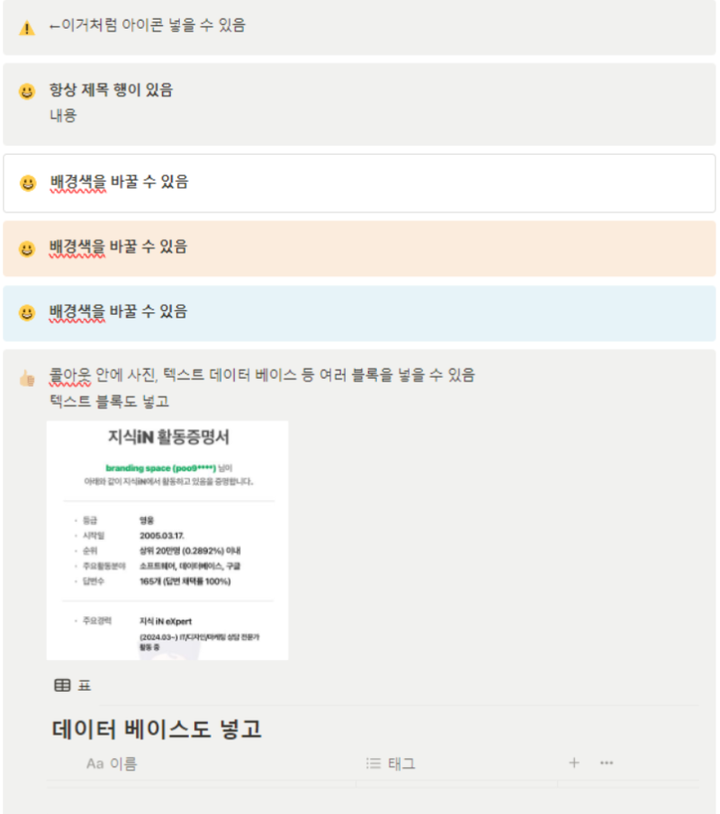 [노션 사용법] 노션 박스 블록? 콜아웃과 인라인 코드 블록 알아보기