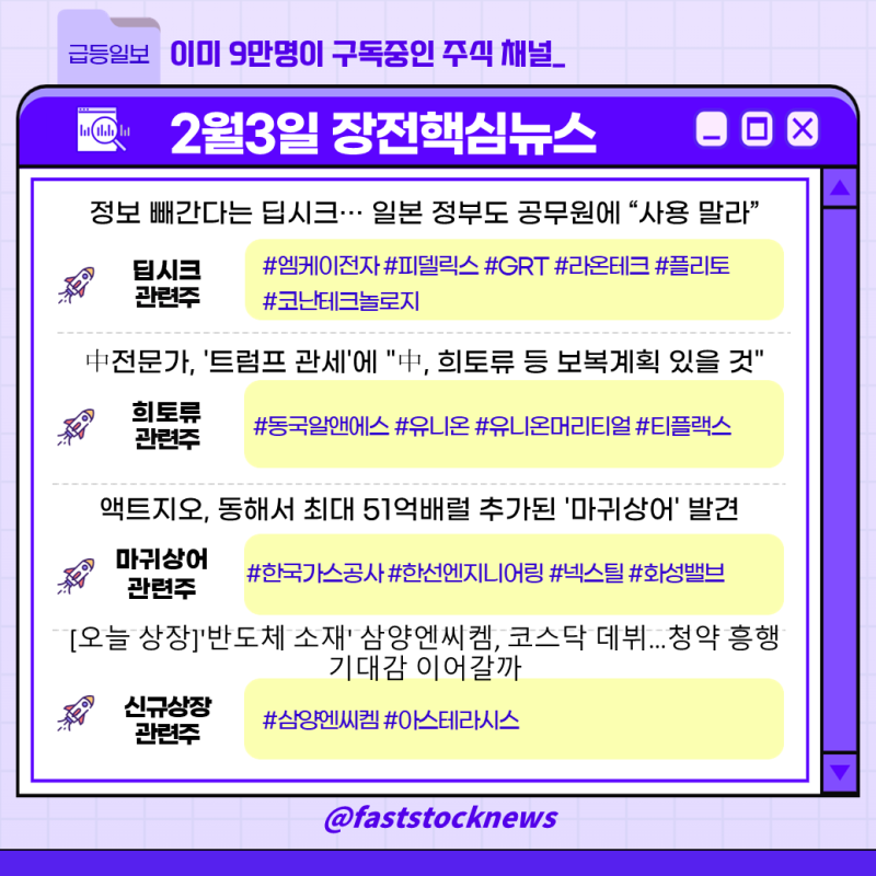 [급등일보] 돈이 될 장전뉴스 & 관심종목! (엠케이전자, 피델릭스, GRT, 라온테크, 플리토, 유니온, 한국가스공사, 한선엔지니어링, 삼양엔씨켐 등)